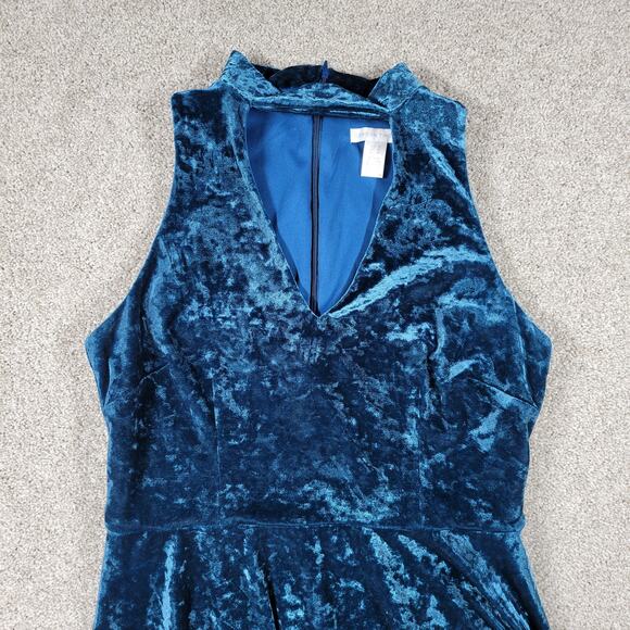 London Times Velvet Burn Out Dress Womens 8 Blue Cutout V Neck Band Collar Party - Picture 13 of 15